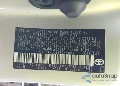 2025 Toyota Corolla Le из США, поврежденный, VIN 5YFB4MDE8SP244854